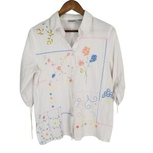 Koret Francisca Petites White Floral Embroidered Gauze Button Down Shirt M